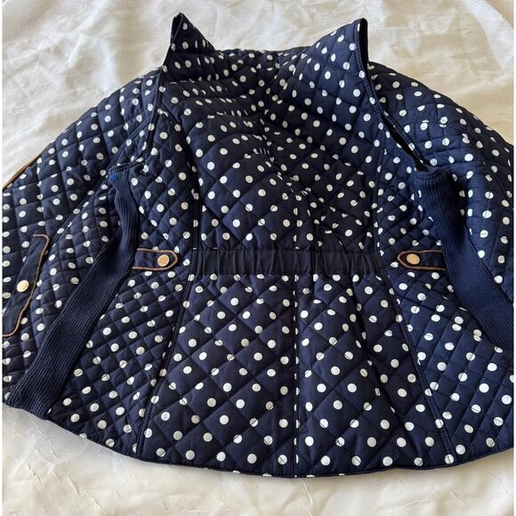 C’est Toi Polka Dot Quilted Puffer Vest, Navy w/Brown Trim - Picture 6 of 7
